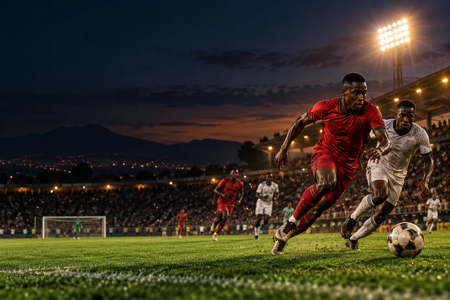 Illustrative night football stadium in Malawi-inspired setting
